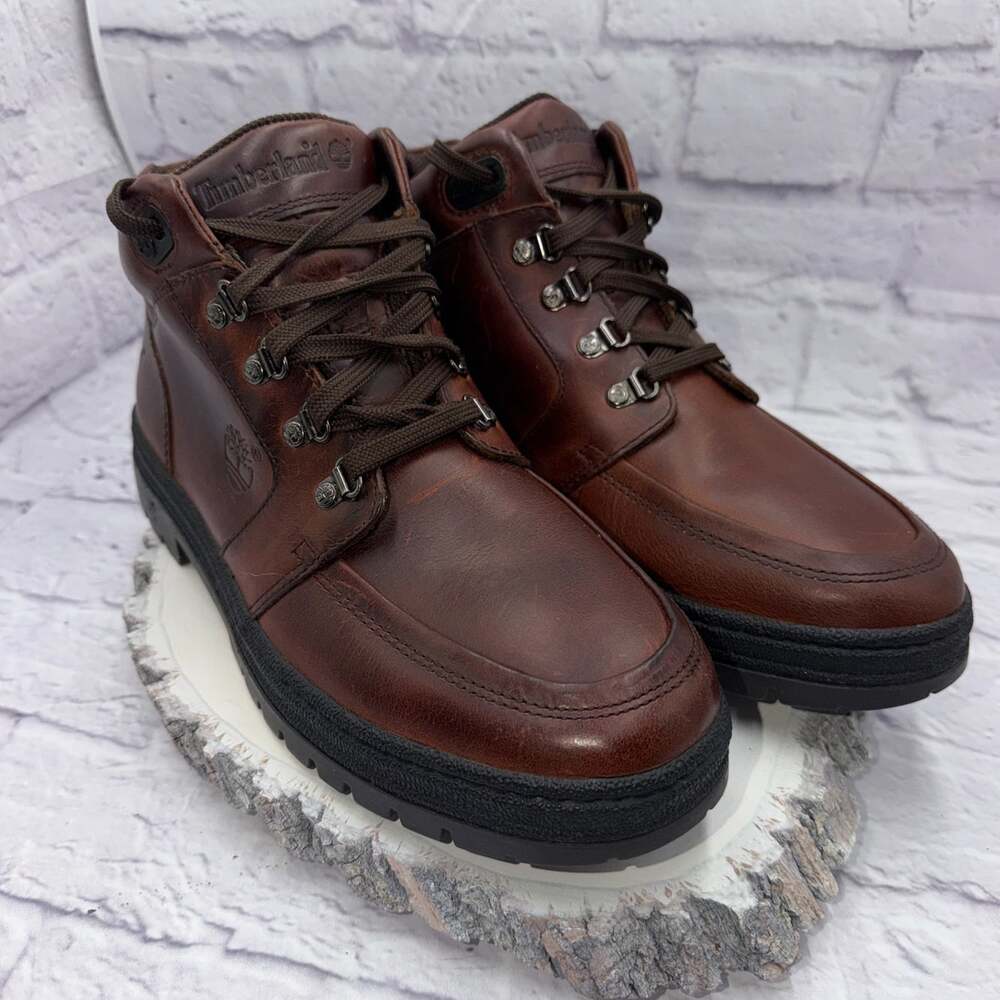 Vintage Mens Timberland All Leather Lug Boots Mahogany Brown Lace Up Size 13
